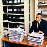 **

A bustling customs office scene. Focus on the interaction between a customs broker (douane-expediteur) and a customs officer. Shelves are overflowing with documents. Modern computers and digital displays contrast with older paper files. The atmosphere is busy but professional. The overall tone should be "international trade".

**