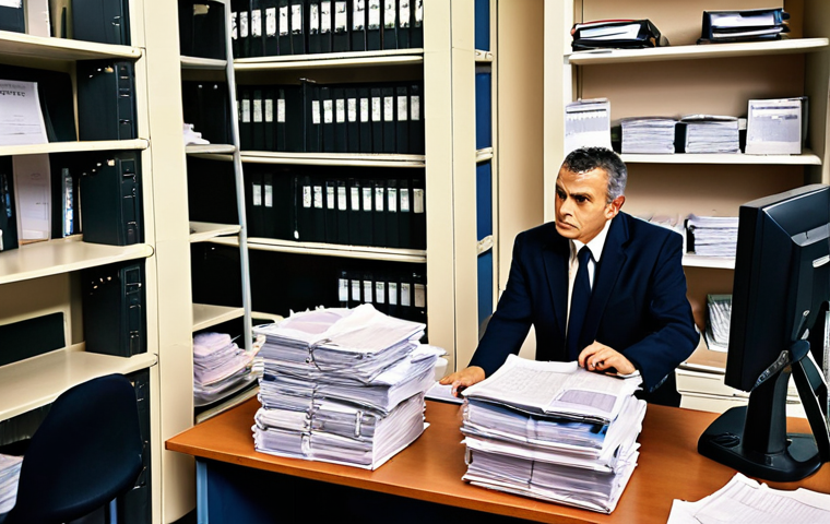 **
A bustling customs office scene. Focus on the interaction between a customs broker (douane-expediteur) and a customs officer. Shelves are overflowing with documents. Modern computers and digital displays contrast with older paper files. The atmosphere is busy but professional. The overall tone should be "international trade".
**